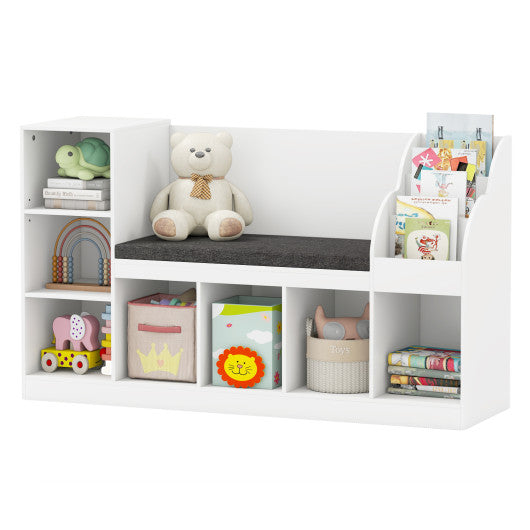 Kids Bookcase with Reading Nook 3-in-1 Standing Toy Organizer-White