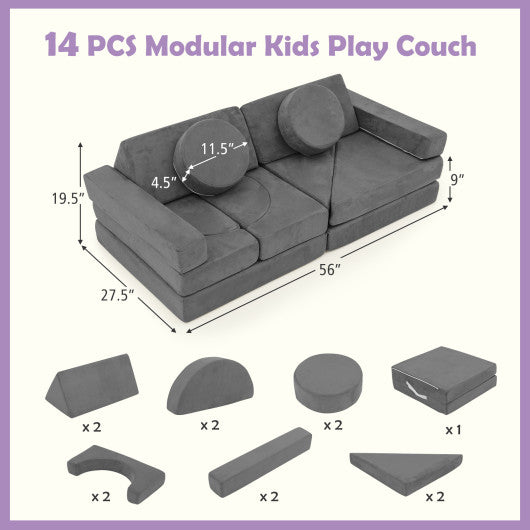 14 PCS Modular Kids Play Couch for Playroom and Bedroom-Gray