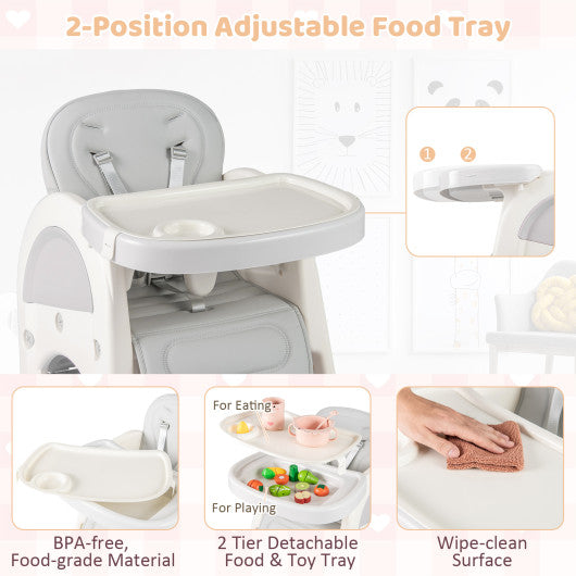 Convertible Baby High Chair with Double-layer Tray and Adjustable Backrest-Grey