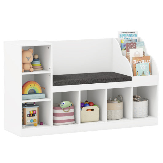 Kids Bookcase with Reading Nook 3-in-1 Standing Toy Organizer-White