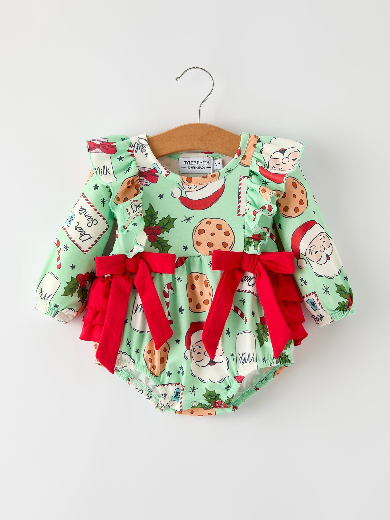 Christmas Santa and Cookie Print Baby Girls Romper with Red Bow Detail