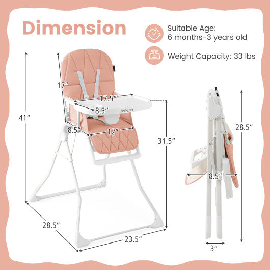 Easy Clean Compact Highchair with Removable Adjustable Tray and PU Seat Cushion-Pink