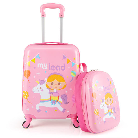 2 PCS Kid Luggage Set With Spinner Wheels for Children Boys Girls-Pink