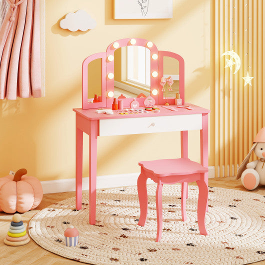 2-in-1 Kids Vanity Table Set with Tri-Folding Detachable Mirror and Lights-Pink