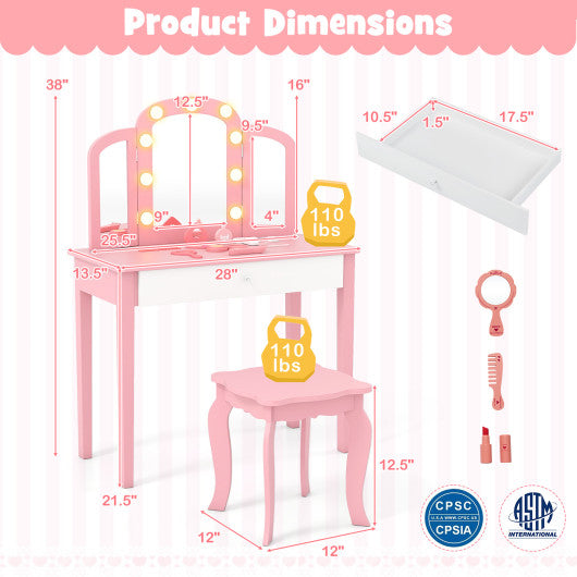 2-in-1 Kids Vanity Table Set with Tri-Folding Detachable Mirror and Lights-Pink