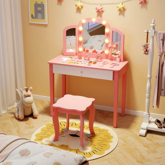 2-in-1 Kids Vanity Table Set with Tri-Folding Detachable Mirror and Lights-Pink