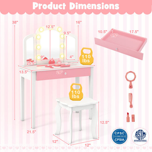 2-in-1 Kids Vanity Table Set with Tri-Folding Detachable Mirror and Lights-White