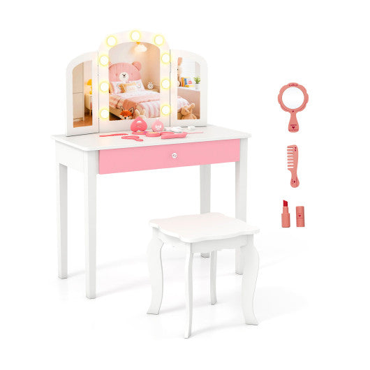 2-in-1 Kids Vanity Table Set with Tri-Folding Detachable Mirror and Lights-White