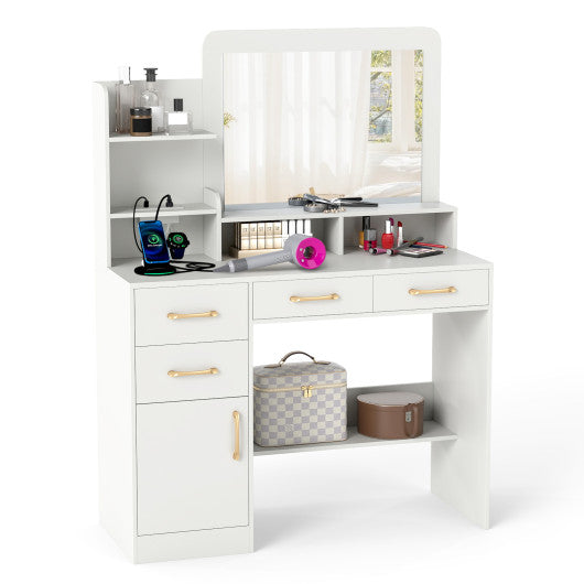 39.5 Inch Vanity Desk with Power Outlets and Mirror for Bedroom-White
