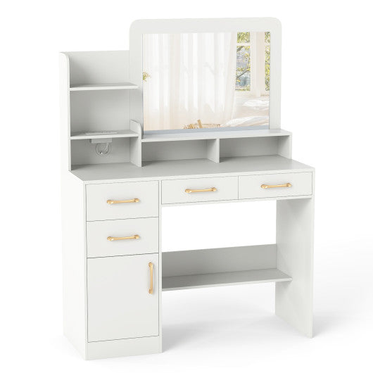 39.5 Inch Vanity Desk with Power Outlets and Mirror for Bedroom-White