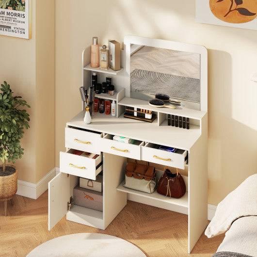 39.5 Inch Vanity Desk with Power Outlets and Mirror for Bedroom-White