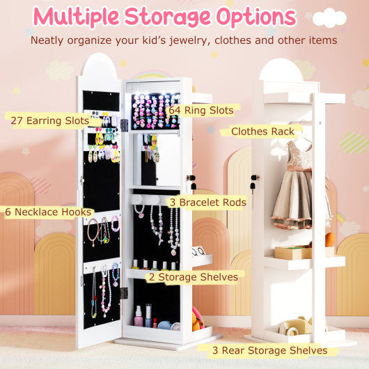 3 In 1 Kids Jewelry Cabinet Freestanding Jewelry Armoire with 3-Color Lighted Mirror-White