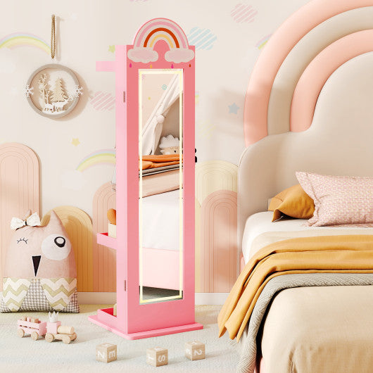 3 In 1 Kids Jewelry Cabinet Freestanding Jewelry Armoire with 3-Color Lighted Mirror-Pink