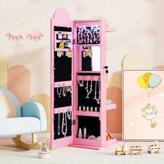 3 In 1 Kids Jewelry Cabinet Freestanding Jewelry Armoire with 3-Color Lighted Mirror-Pink