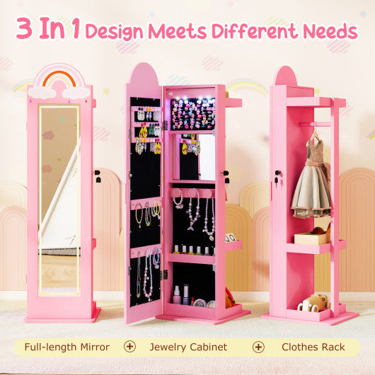 3 In 1 Kids Jewelry Cabinet Freestanding Jewelry Armoire with 3-Color Lighted Mirror-Pink