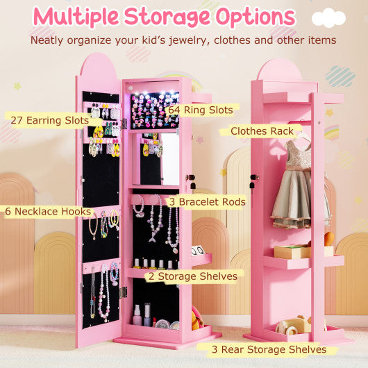 3 In 1 Kids Jewelry Cabinet Freestanding Jewelry Armoire with 3-Color Lighted Mirror-Pink