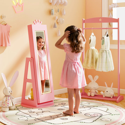 3 In 1 Kids Jewelry Cabinet with 3-Color Lighted Full Length Mirror and Internal Mirror-Pink