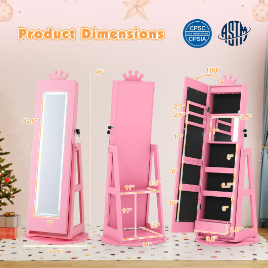 3 In 1 Kids Jewelry Cabinet with 3-Color Lighted Full Length Mirror and Internal Mirror-Pink