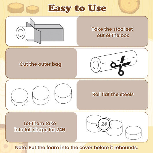 3-Piece Tree Stump Stool Set with Wood Printing Nature Decoration-Natural