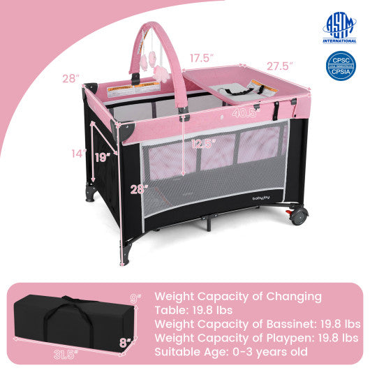 3-in-1 Portable Baby Crib and Playpen with Changing Table-Pink