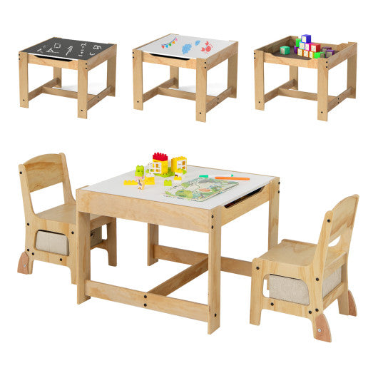 3 in 1 Kids Table and Chair Set with Removable Tabletop and 2 Storage Drawers-Natural