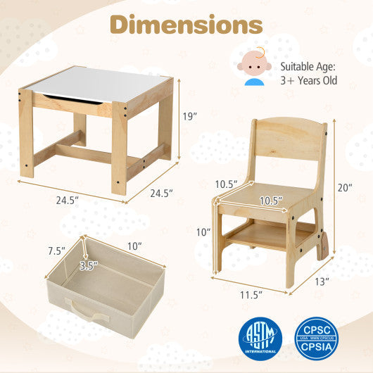 3 in 1 Kids Table and Chair Set with Removable Tabletop and 2 Storage Drawers-Natural