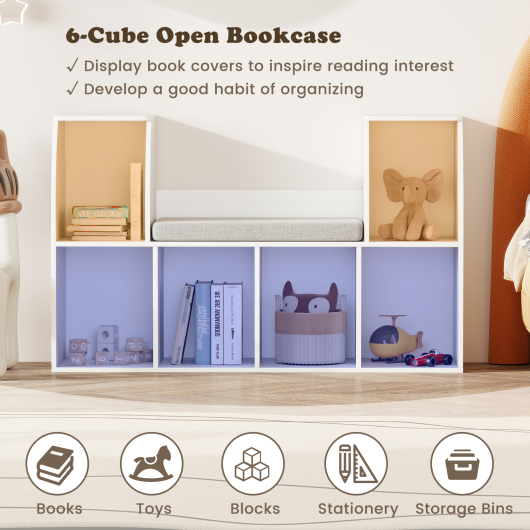 40 Inches Kids Bookshelf with Reading Nook Bookcase with 6 Open Cubes-White