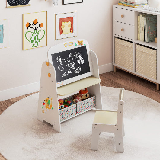 4-in-1 Kids Table and Chair Set Art Easel with Magnetic Whiteboard and Bookshelf-Natural