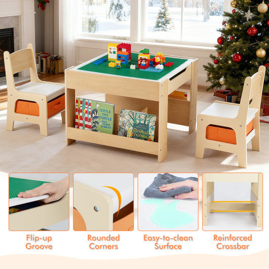 4 in 1 Kids Table and Chair Set with Reversible Graffiti and Building Blocks Tabletop-Natural