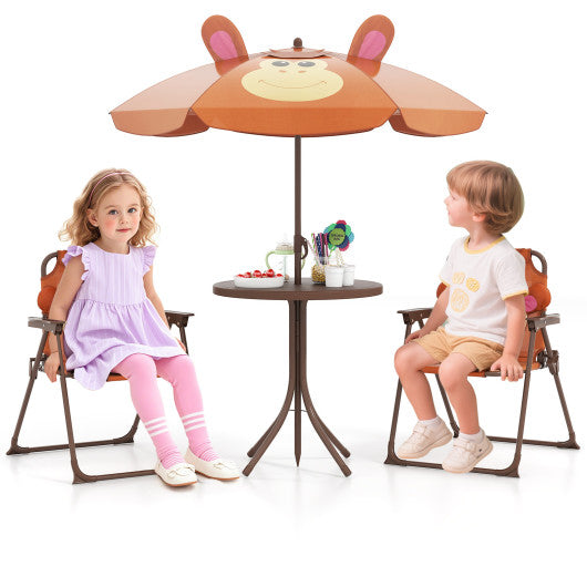 4 Pieces Kids Picnic Set with 2 Folding Chairs and Height Adjustable Umbrella-Brown