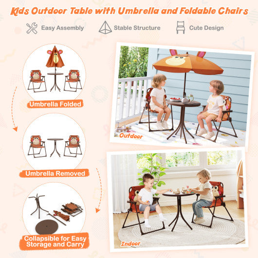 4 Pieces Kids Picnic Set with 2 Folding Chairs and Height Adjustable Umbrella-Brown