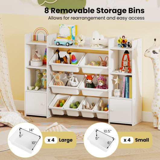 56 inch Large Toy Storage Organizer with 8 Removable Bins and Bookshelf-White