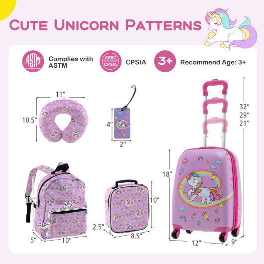 5 Piece Kids Luggage Set with Backpack  Neck Pillow  Name Tag  Lunch Bag-Hot Pink