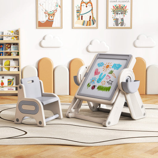6-in-1 Multi-activity Children Table and Chair Set Folding Art Easel Set-Gray and White