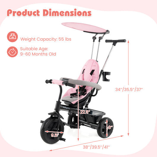 7-in-1 Baby Stroller Tricycle with Adjustable Canopy and Foldable Footrests for Ages 9-60 Months Old-Pink