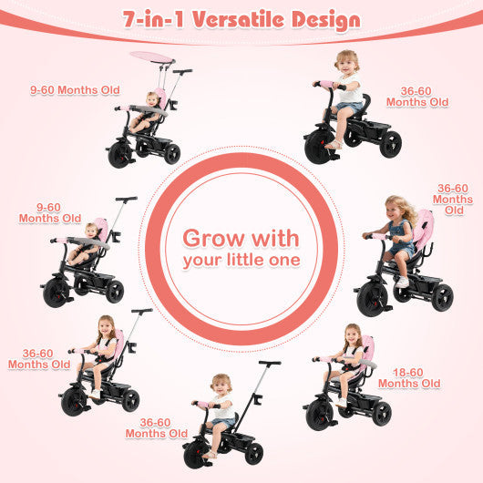 7-in-1 Baby Stroller Tricycle with Adjustable Canopy and Foldable Footrests for Ages 9-60 Months Old-Pink