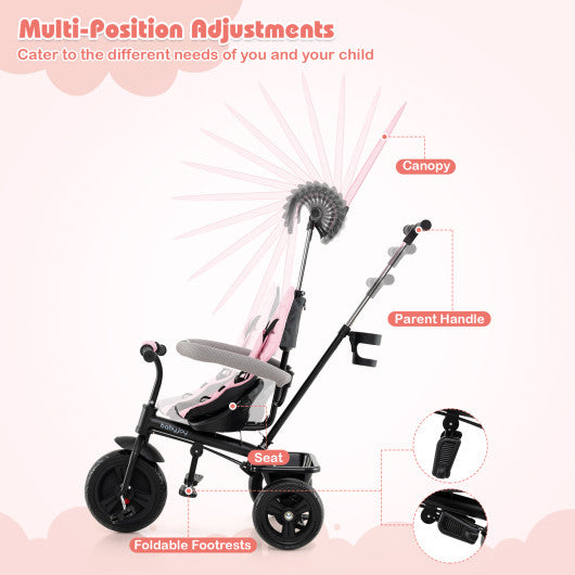 7-in-1 Baby Stroller Tricycle with Adjustable Canopy and Foldable Footrests for Ages 9-60 Months Old-Pink