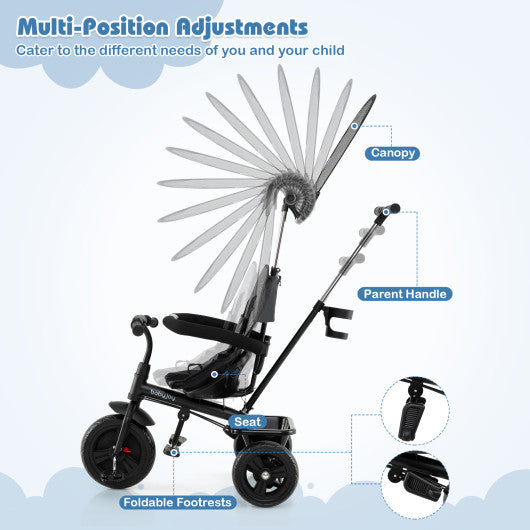 7-in-1 Baby Stroller Tricycle with Adjustable Canopy and Foldable Footrests for Ages 9-60 Months Old-Gray