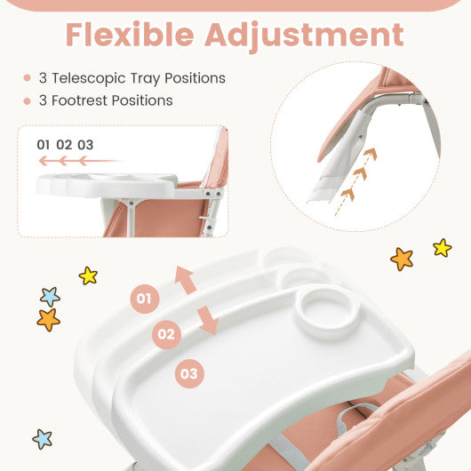 Easy Clean Compact Highchair with Removable Adjustable Tray and PU Seat Cushion-Pink