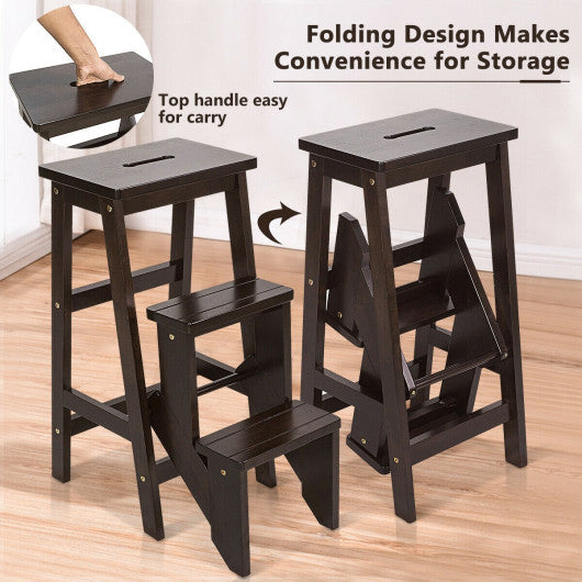 3 Tier Step Stool 3 in 1 Folding Ladder Bench-Brown
