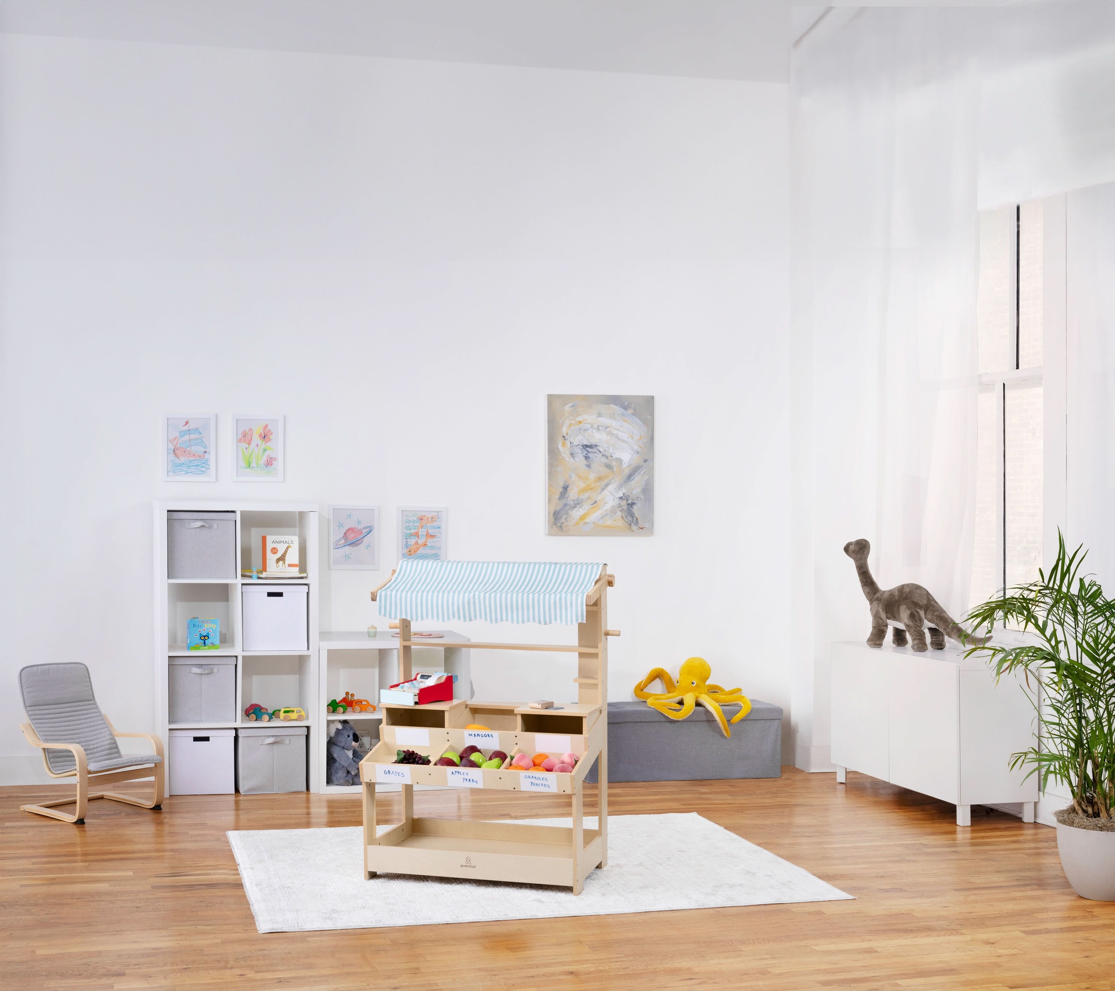 Cypress Wooden Market Stand – Pretend Play Shop for Kids with Storage