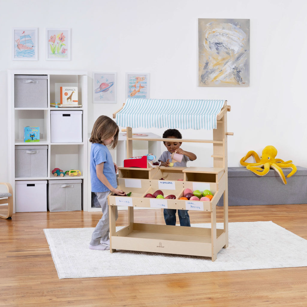 Cypress Wooden Market Stand – Pretend Play Shop for Kids with Storage