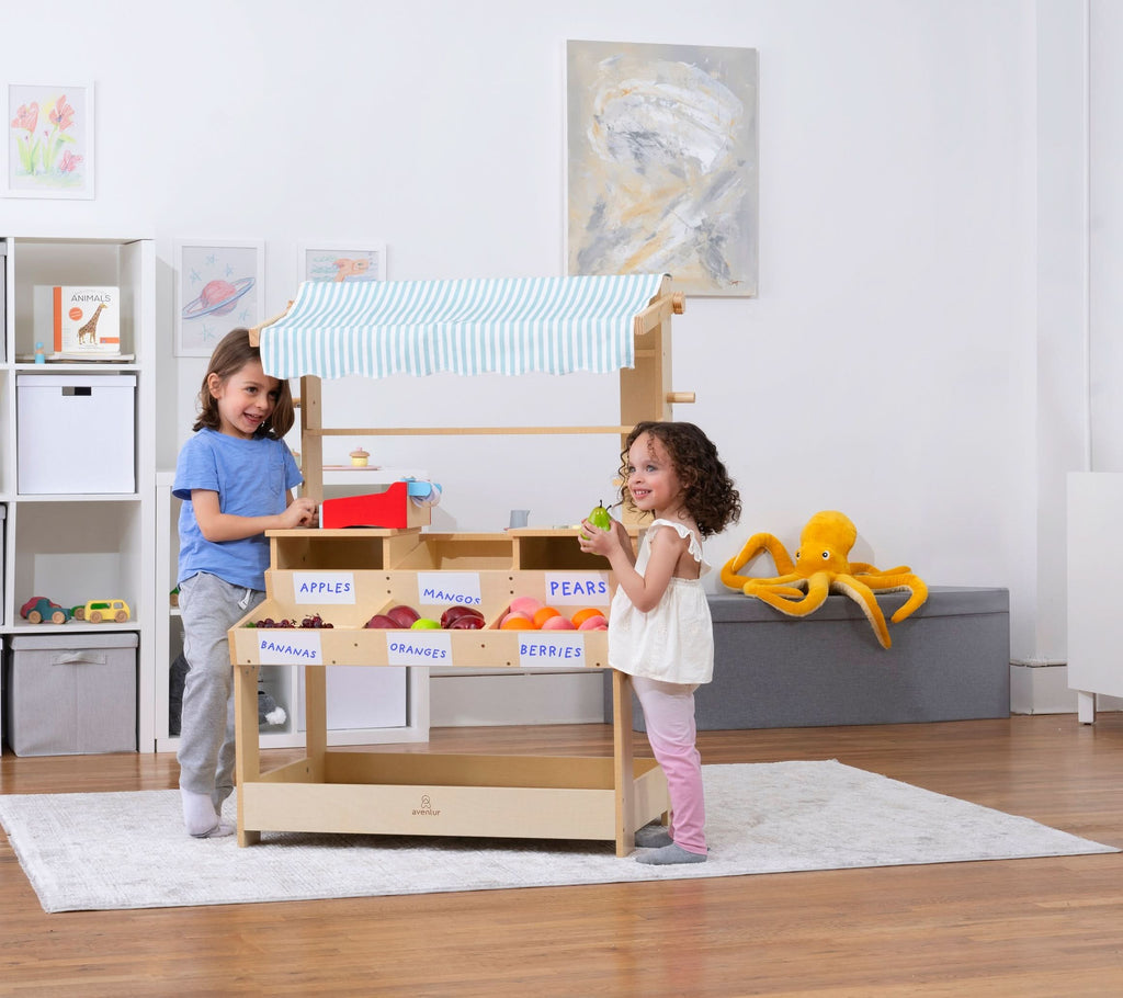 Cypress Wooden Market Stand – Pretend Play Shop for Kids with Storage
