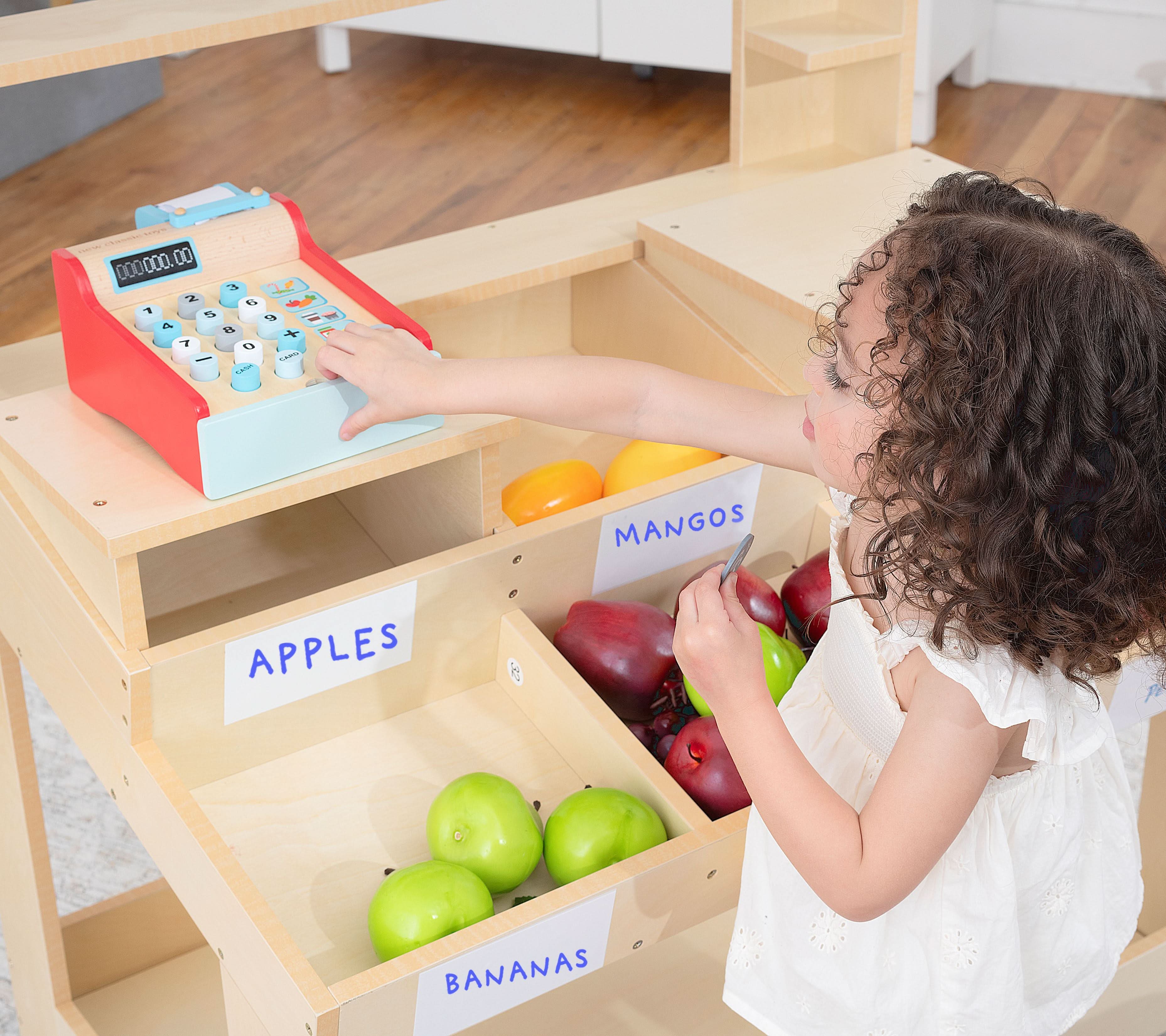 Cypress Wooden Market Stand – Pretend Play Shop for Kids with Storage