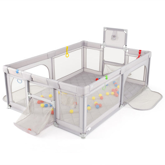 Extra Large Playpen with Basketball Hoop for Babies and Toddlers-Light Gray