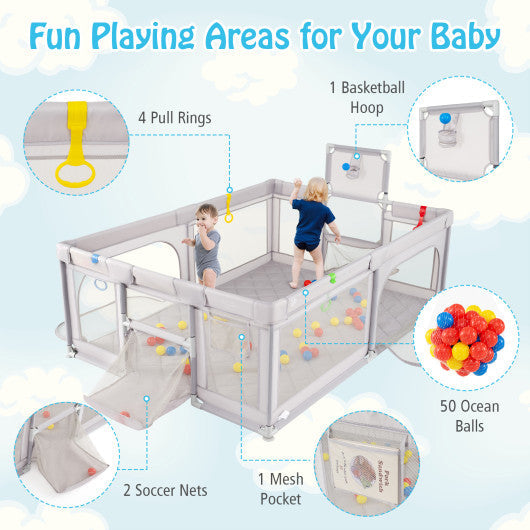 Extra Large Playpen with Basketball Hoop for Babies and Toddlers-Light Gray
