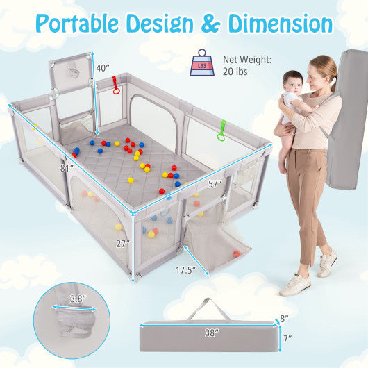 Extra Large Playpen with Basketball Hoop for Babies and Toddlers-Light Gray