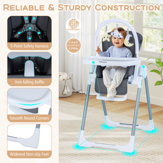 Foldable Baby High Chair with Adjustable Height and Relining Seat-Dark Gray