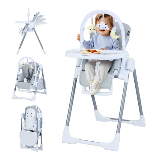 Foldable Baby High Chair with Adjustable Height and Relining Seat-Light Gray