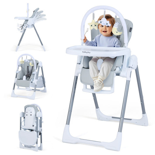 Foldable Baby High Chair with Adjustable Height and Relining Seat-Light Gray